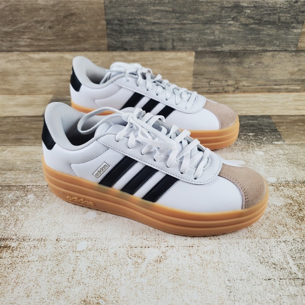 Adidas VL Court Bold Kids Shoes Sz 5 White Black Gum Leather Lace Up Sneakers